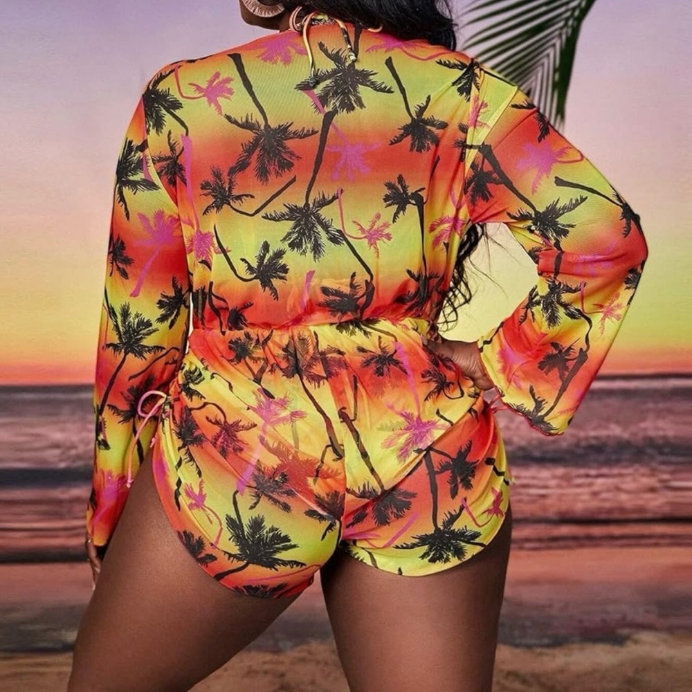 3pc Plus Size Tropical Print Halter Triangle Bikini Set with Cover Up - Picture 4 of 14